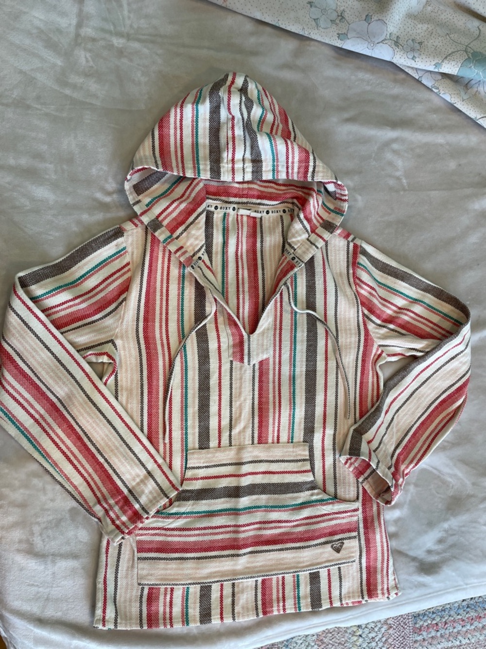 Striped Hooded Baja Sweater with Red & Teal Accents